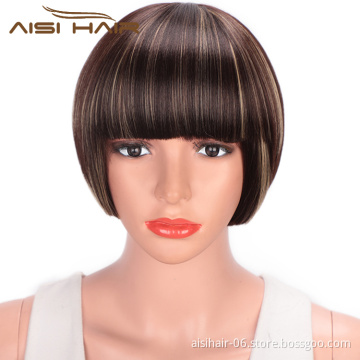 Aisi Hair Short Straight Bob Wigs Heat Resistant Synthetic Fiber Brown Blonde  Mixed Colors Short Bob Wigs with Neat Bangs